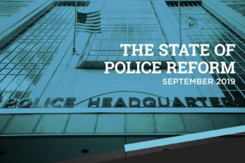 Cover of The State of Police Reform report dated September 2019. There is a photo of the Police Headquarters from St. Louis downtown with a blue overlay.